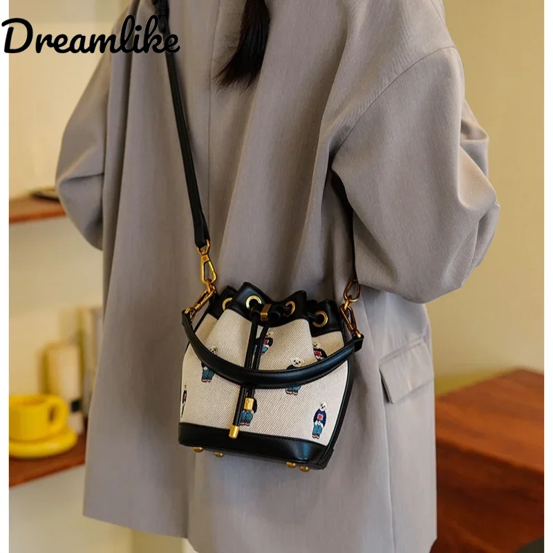 

Women's Drawstring Crossbody Bag Fashion Spring Shoulder Bag Cartoon Bucket Bag Large Capacity Handheld Women's Bags