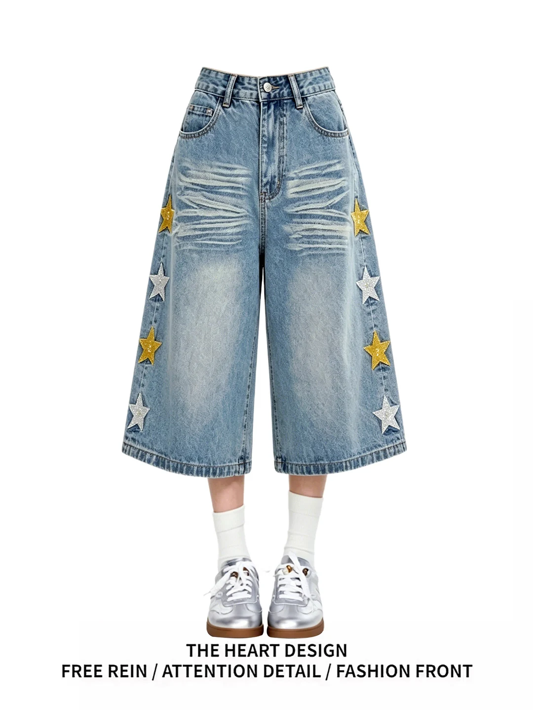 

American Style Women's Star Design Embroidery Jeans Seven-Foot Loose Casual Shorts Blue High Waist Wide Leg Pants Summer