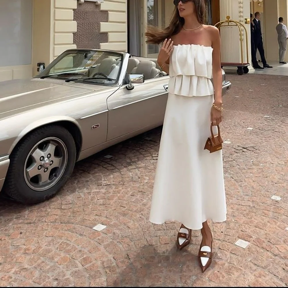 

Простое белое платье для выпускного вечера, элегантное трапециевидное платье без бретелек длиной до щиколотки, без рукавов, летнее пляжное платье для коктейльной вечеринки, современный стиль