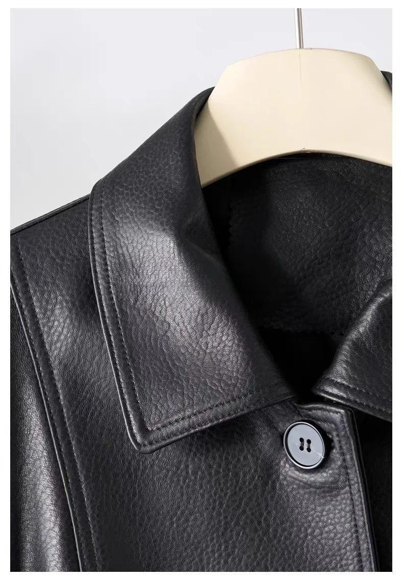 한국 스타일 루즈핏 최고급 양가죽 정장 재킷 여성용 롱 오버사이즈 뉴트럴 싱글 브레스티드 블랙 재킷