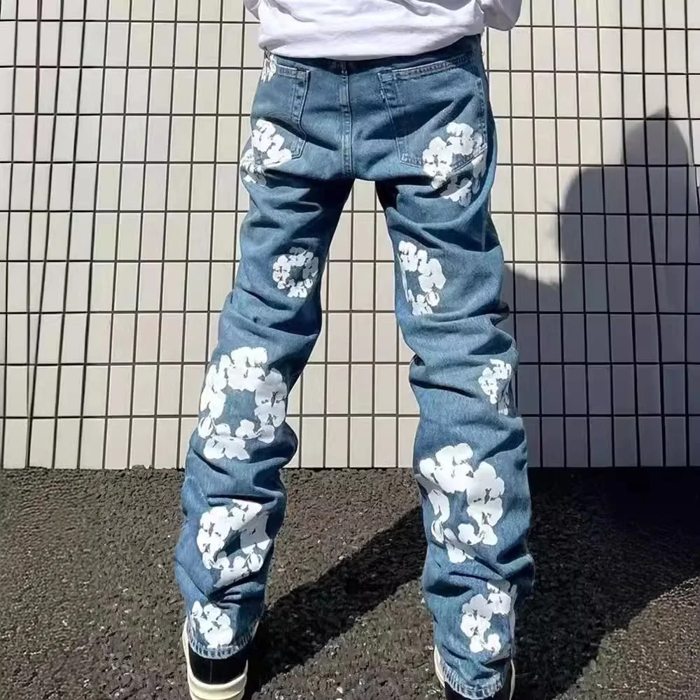 Man Jeans Denim Broek Herfst Winter Casual Esthetische Bloemenprint Jeans Baggy Broek Broek Hoge Taille Mode Dames Jean Broek