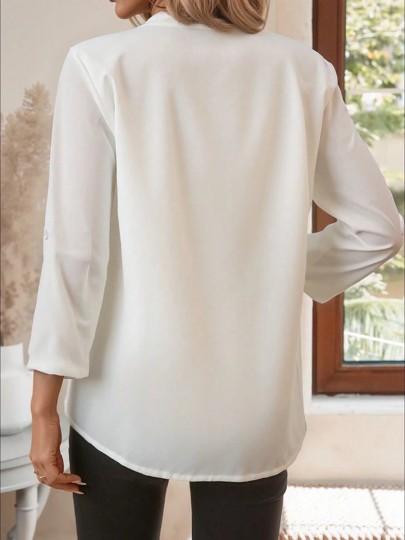 

Women V-Neck Solid Casual Blouse Three Quarter Sleeve White Loose Fit