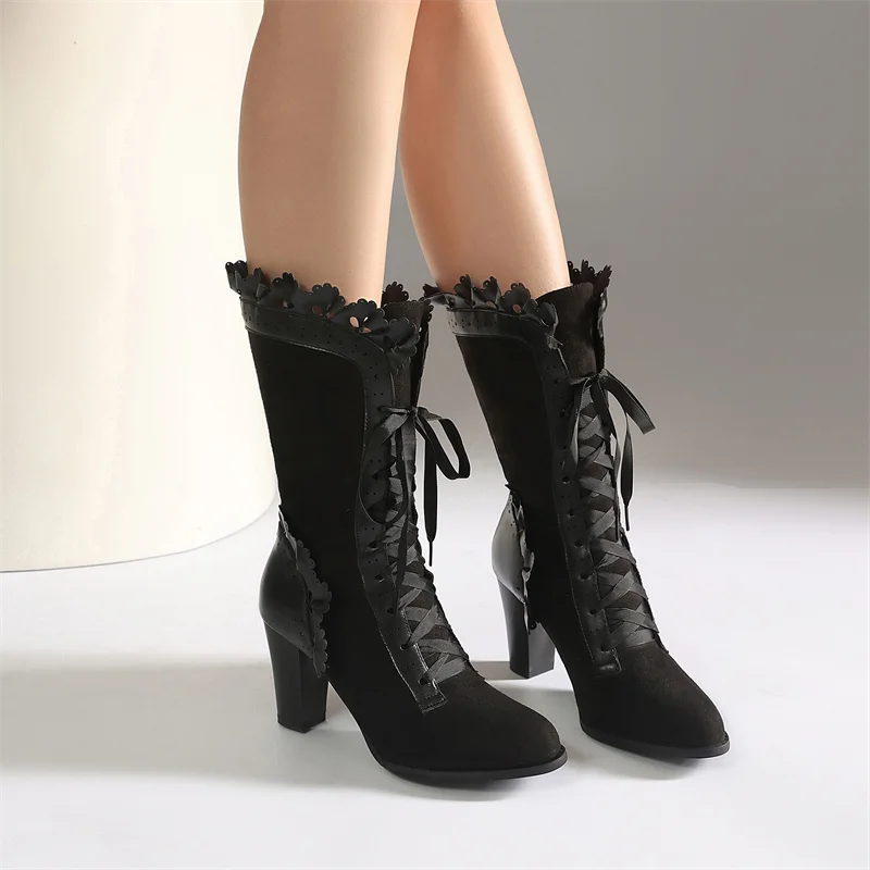 Women Mid Calf Boots Lace‑Up Closure Ruffled Floral Trim Block Heel Faux Suede Victorian Gothic Cosplay Party Boots