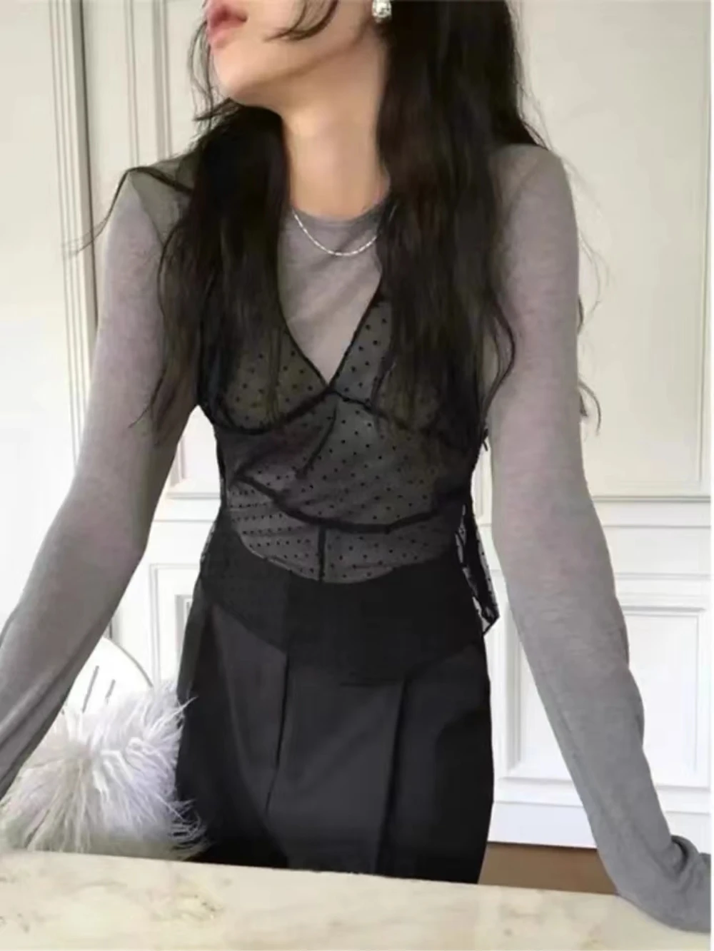 Kore Ins Aynı Dantel Dalga Noktası Kaşkorse Elbise Bayan Örgü Kolsuz Orta Uzunluk Cover Up Elbise Yaz Yeni Y2K Kız Baharatlı Kızlar