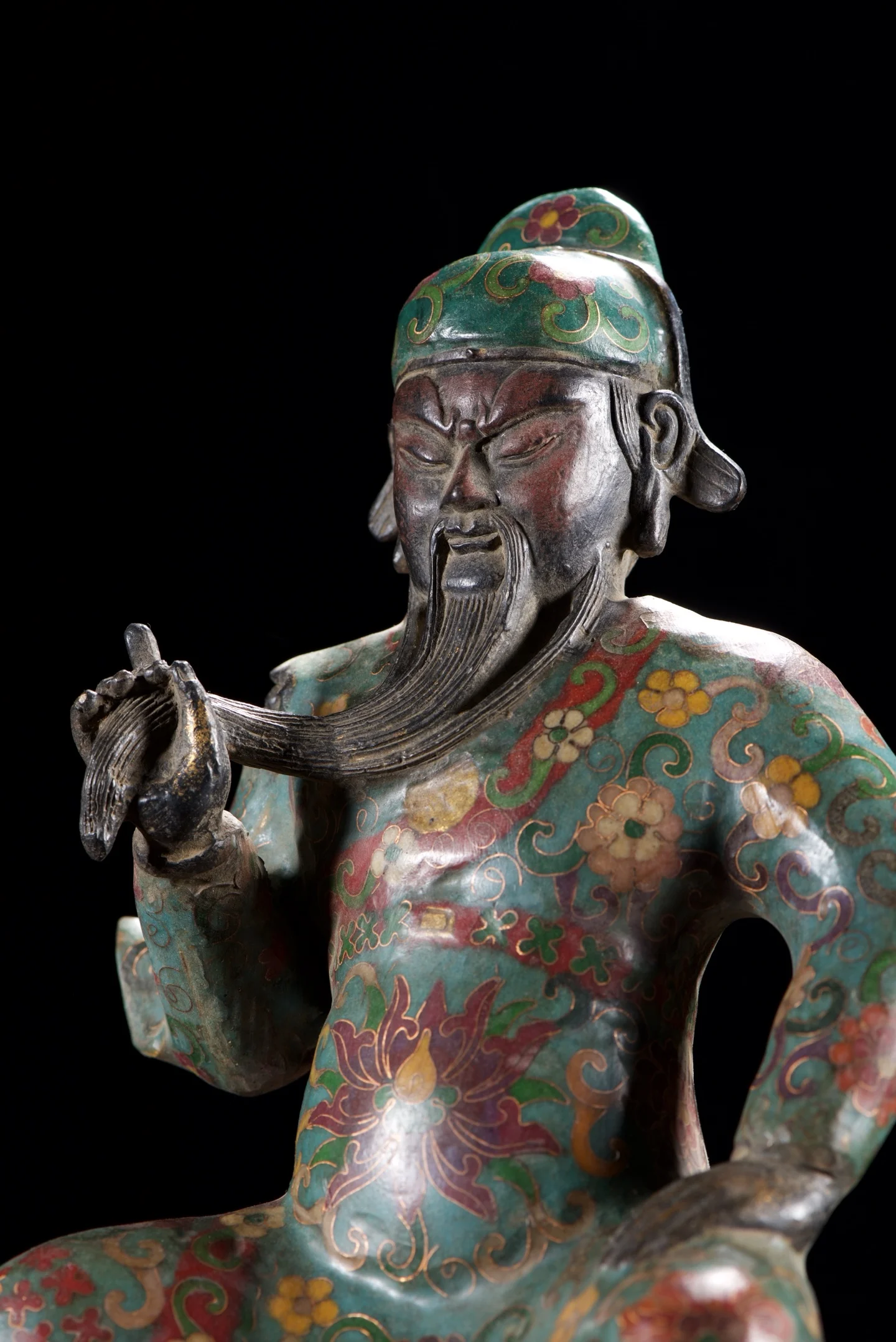 Old Bronze Cloisonne Enamel Guan Gong Statue Guan Di Jun Sitting Buddha Guan Yunchang Worship Hall Town house Amass wealth