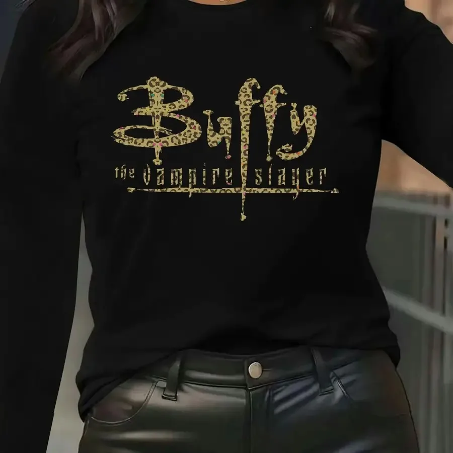Camiseta de la serie de televisión Buffy, la cazavampiros, para mujer, talla grande, con estampado de logotipo negro y dorado, letras de Buffy y Angel