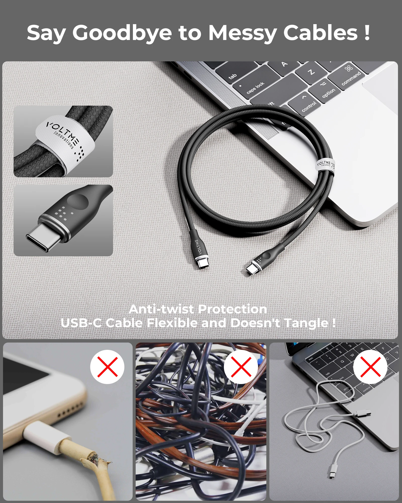 Voltme Usb C Naar Usb C Kabel 100W Pd 5a Snel Opladen Type C Naar Type C Kabel Nylon Gevlochten USB-C Koord Voor Macbook Pro Galaxy S23