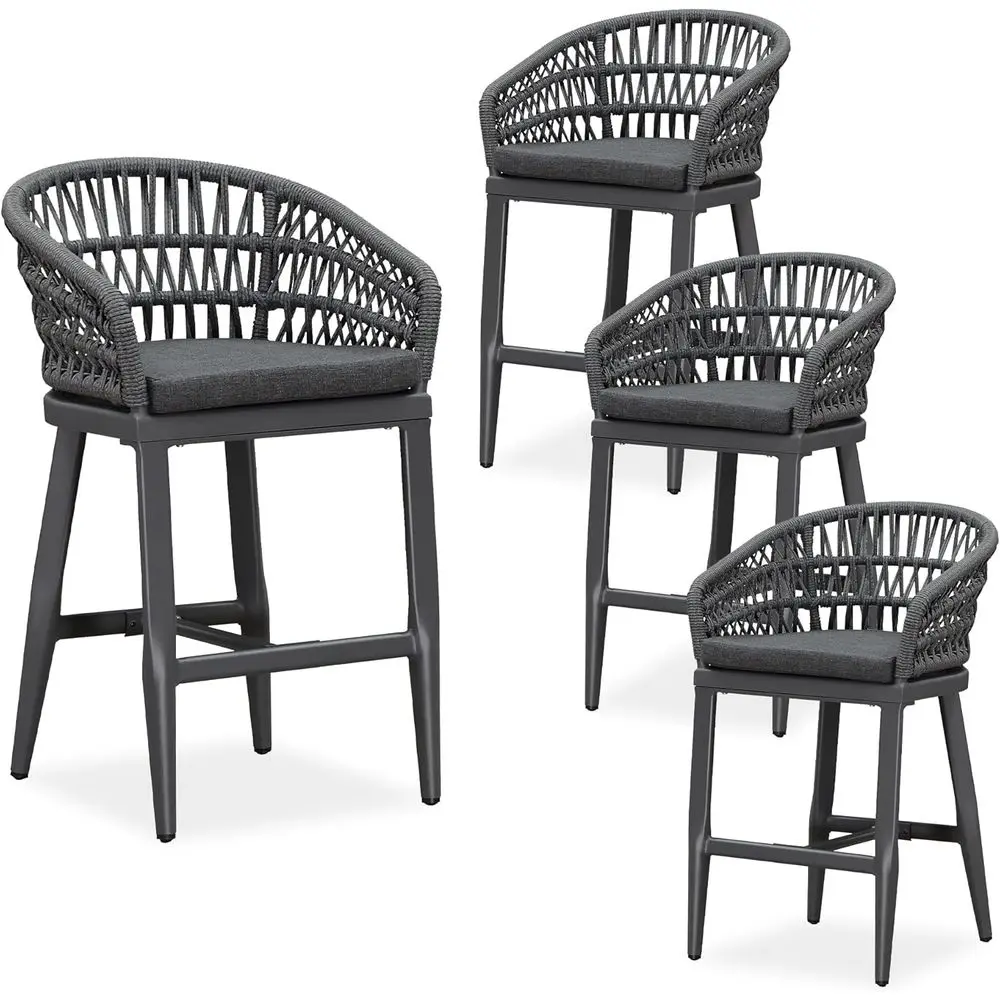 

24 Grey Rattan Counter Height Bar Stools Set of 4, Outdoor Patio Upholstered Chairs with Backrest for Kitchen Island