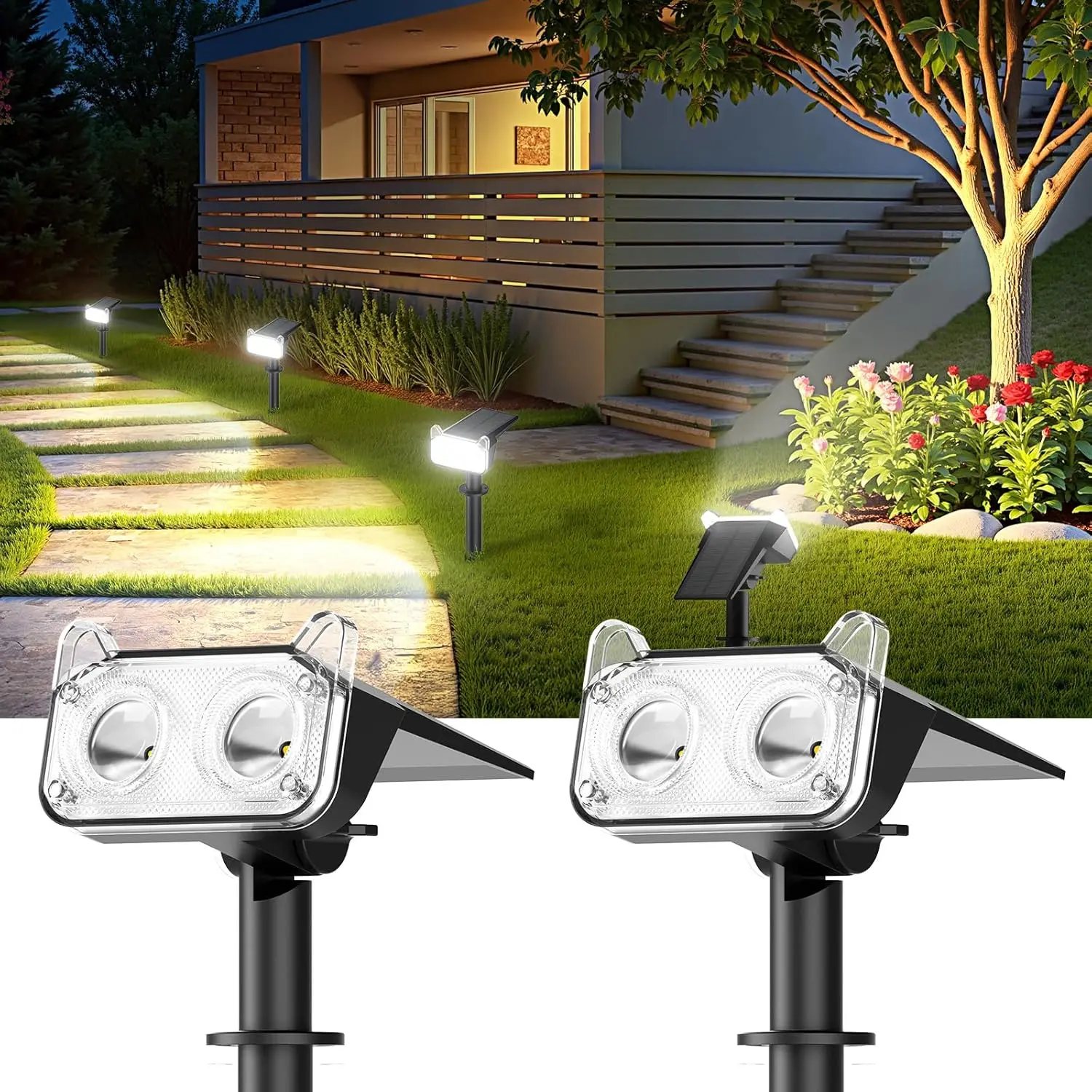 

2 Pack Solar Spot Lights, Auto On/Off, 2 Modes Outdoor Lights for Yard/Porch (Cool White)