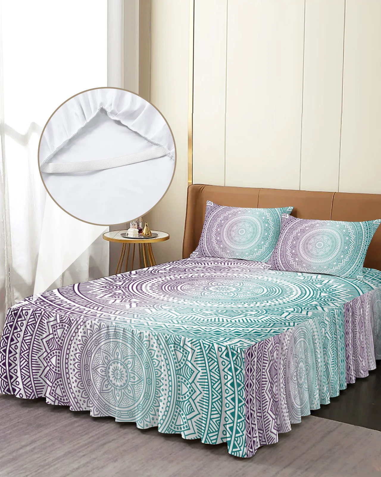 Flower Mandala Gradient Skirt Elastic Fitted Bedspread With Pillowcases Mattress Cover Bedding Set Bed Sheet