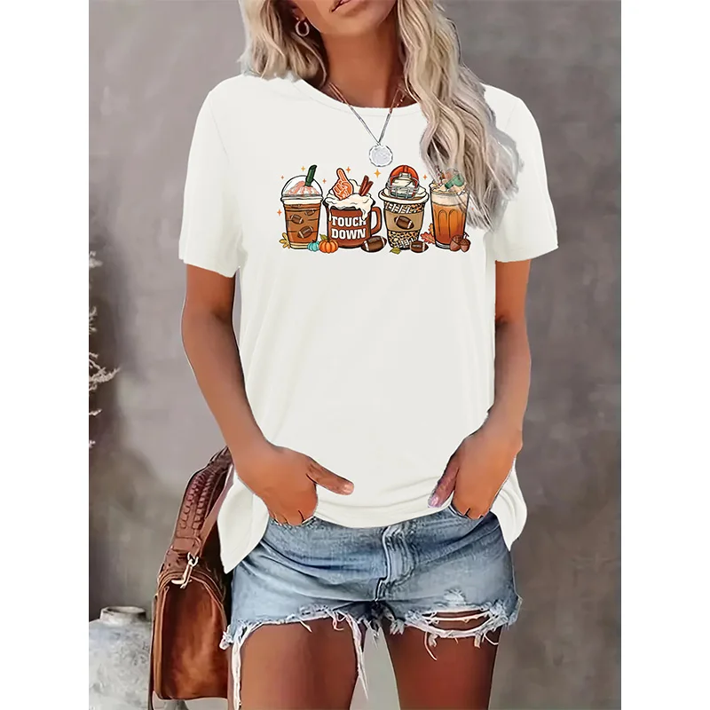 

Summer Basic O-neck Color Blocking Casual Coffee Milk Tea Printed T-shirt for Korean Office Women's Fashionable Loose Top