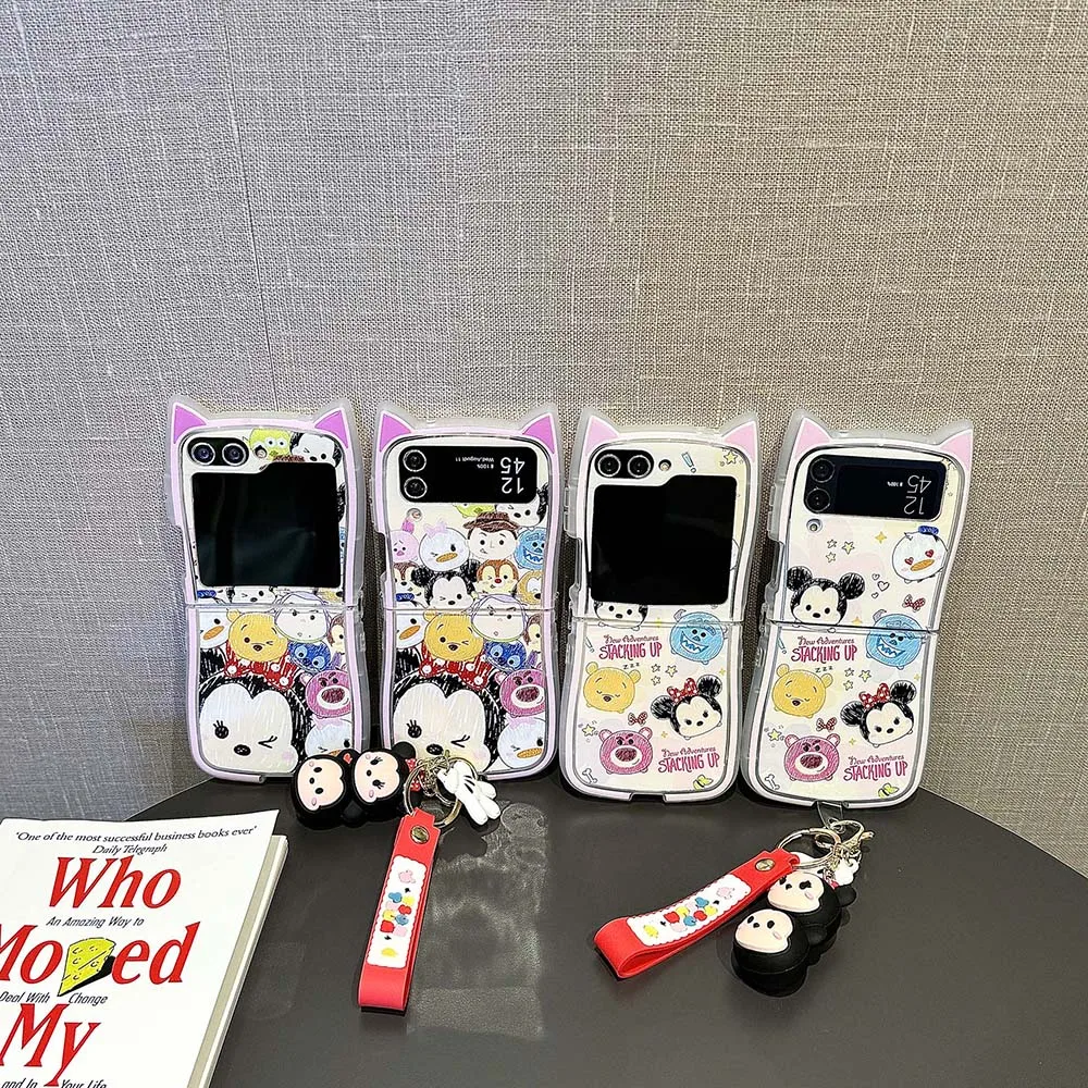 Cute Mickey Winnie the Pooh 3D Cat Ear With keychain Phone Case for Samsung Galaxy Z Flip 3 4 5 6 5G PC Hard Back Cover Funda