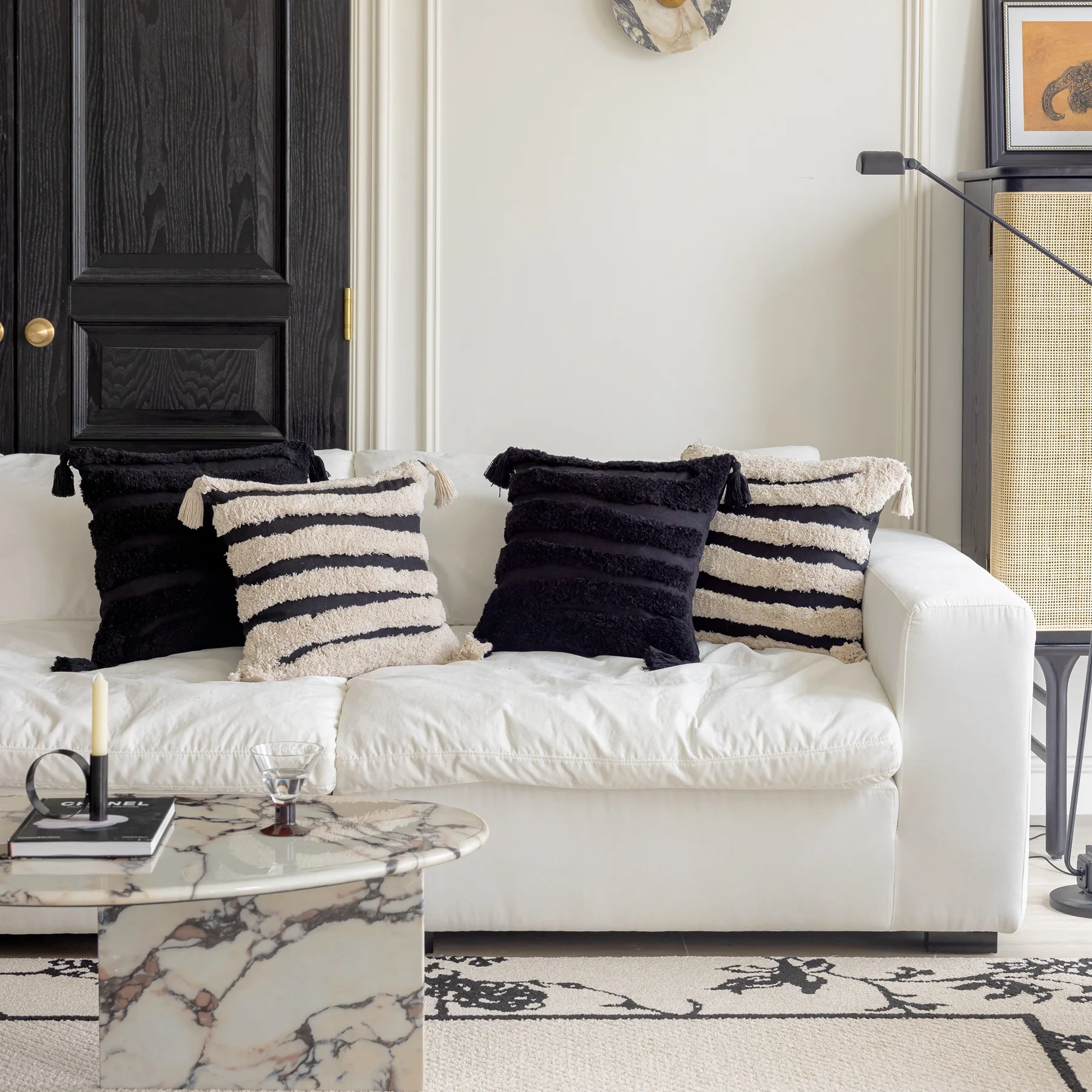 45X45 Boho Geometric Stripes Tufted Cushion Cover Beige Black Tassel Patchwork Throw Pillow Covers Cojines Decorativos Para Sofá