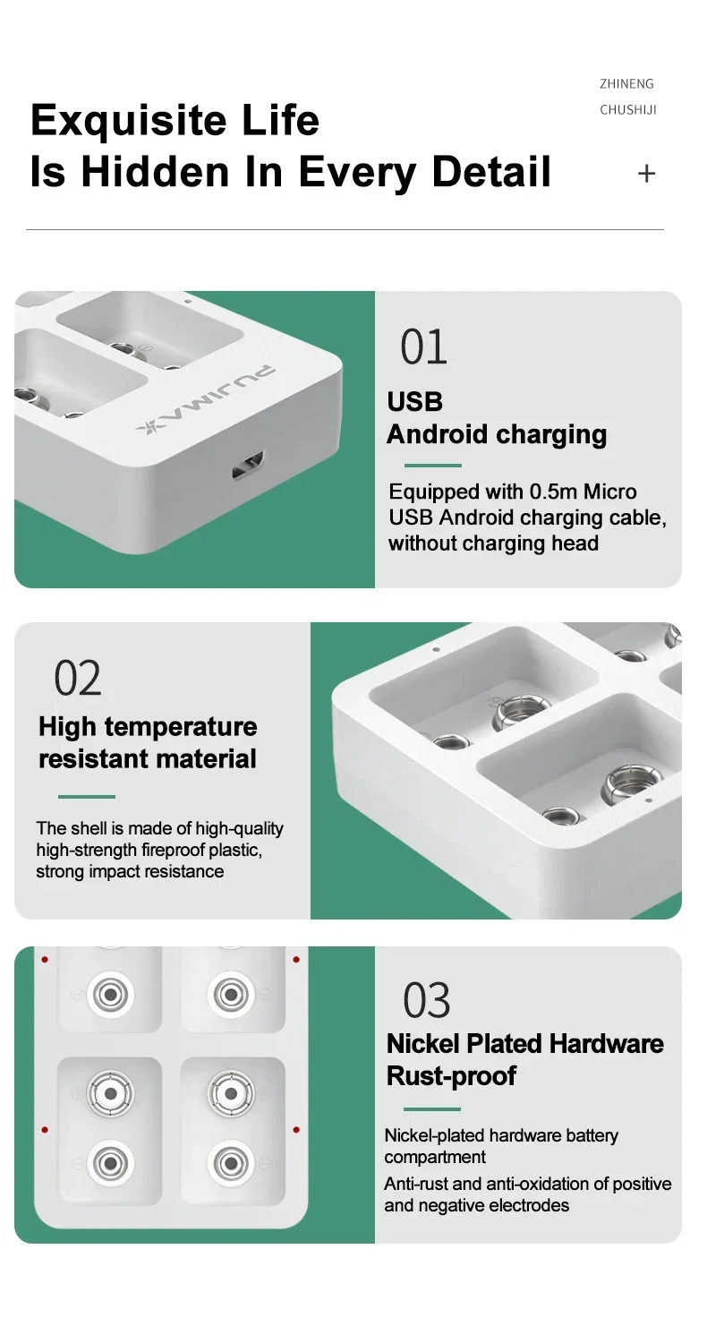 4 Slots 9V 6F22 Smart Battery Charger USB Independent Slot Adapter for Ni-MH/Ni-Cd/Li-ion Lithium Rechargeable Batteries