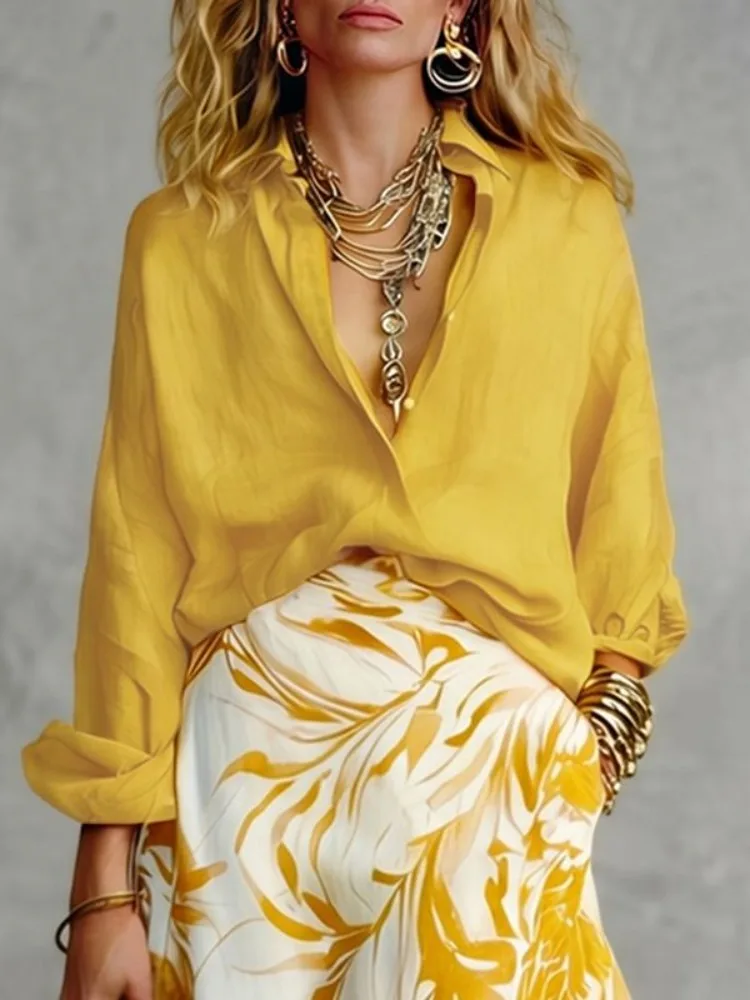 UOOZEE Women's Loose Buttoned Solid Color Lapel Blouses 2026 New Long Sleeves Urban Casual Office Minimalist Yellow Shirts Tops