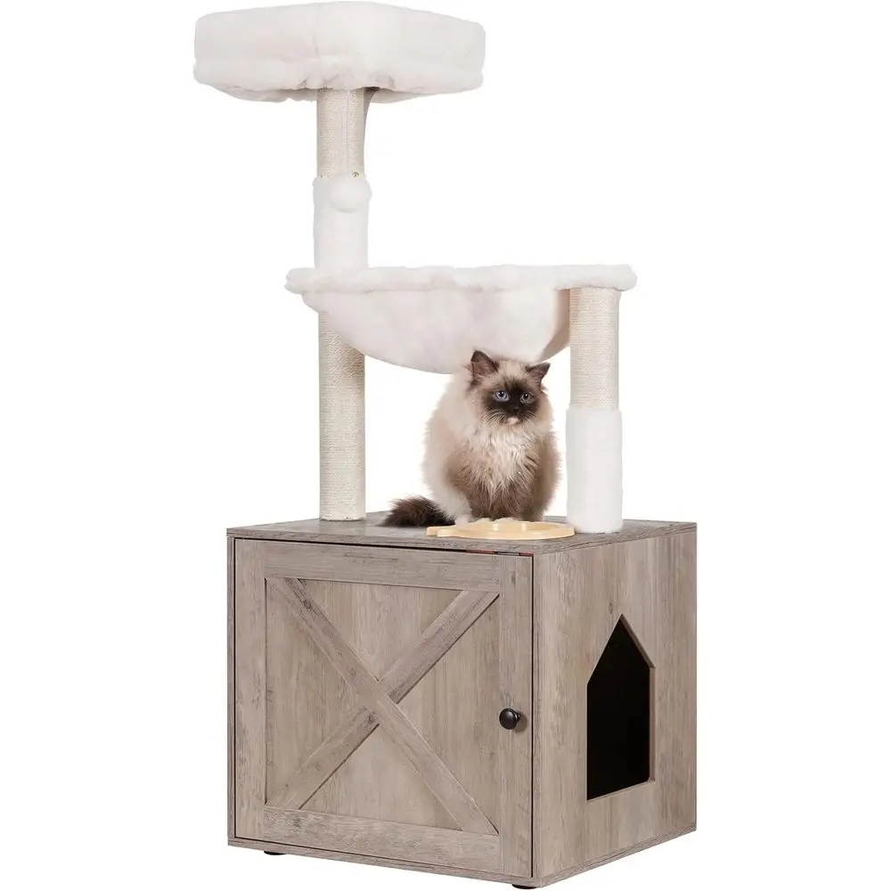 

All-in-One Cat Tree with Litter Enclosure, Large Hammock, Bed, Food Station, Scratching Posts, Rustic Gray Style Pet Furniture