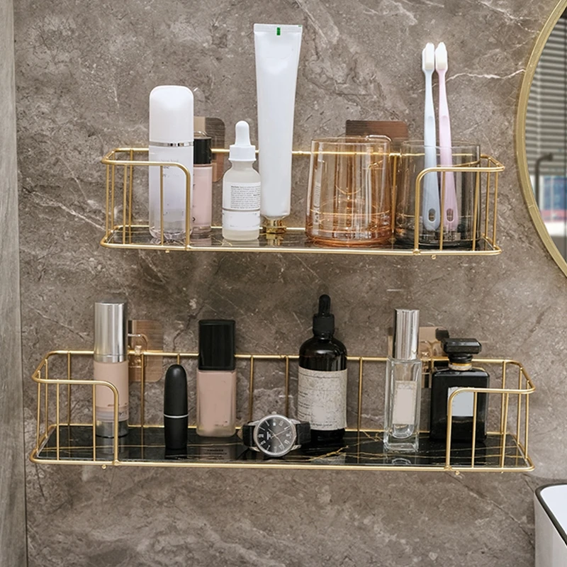 Light Luxury Bathroom Shelf Gold Storage Rack Without Punching Shower Gel Storage Rack Cosmetics Toiletries Storage  Organizer