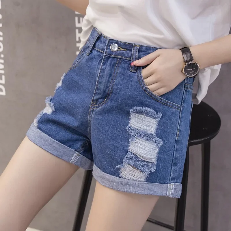 New Women Hollow Out Cuffed Denim Shorts Summer Vintage High Waist Wide Leg Jeans Shorts Spring Fashion Chic Student Hot Pants