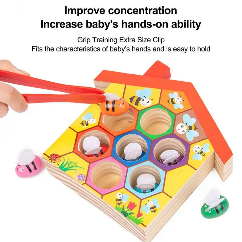Juguete de colmena de abeja de madera, rompecabezas de clasificación de colores, juguete de habilidad motora fina, interacción entre padres e hijos, aprendizaje temprano y educación preescolar