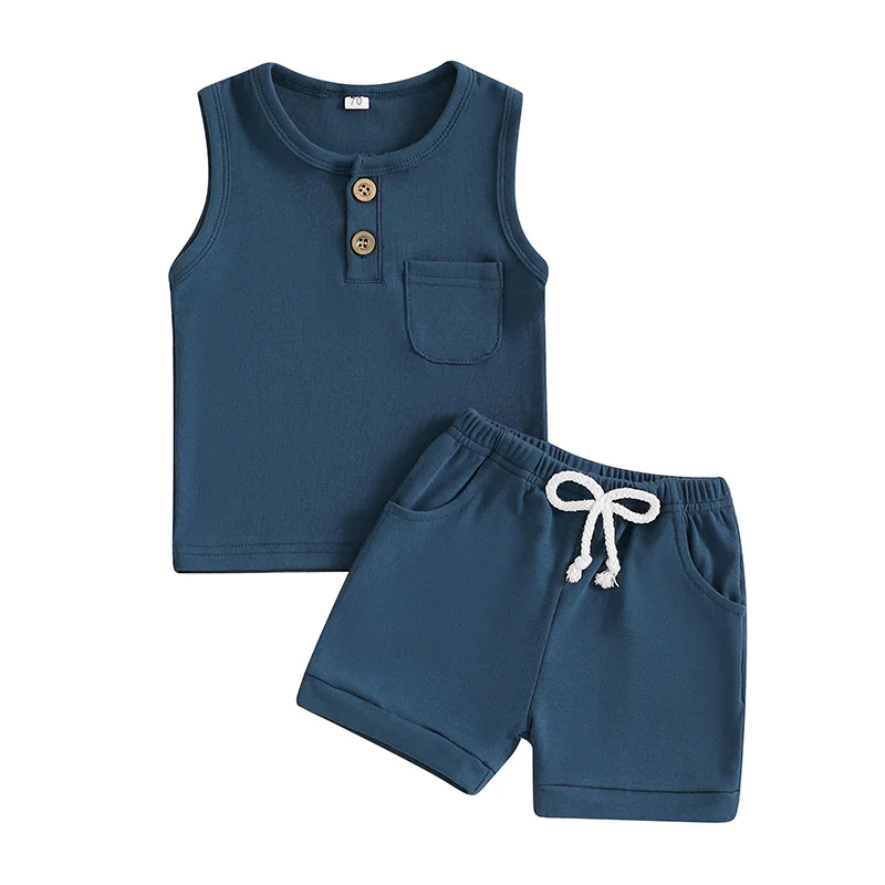 

2 Pcs Newborn Summer Outfits Baby Solid Color Round Neck Tank Tops with Pocket Drawstring Shorts