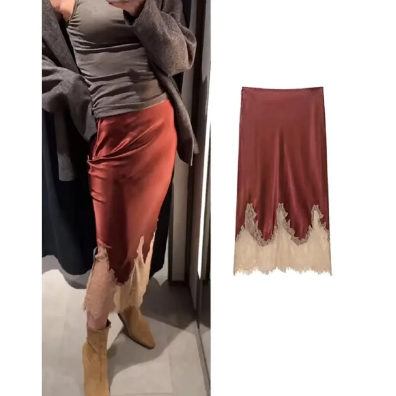 

Women Contrast Lace Satin Skirt Spring Summer Mid Waist Women's Skirt Elegant Side Slit Side Women's Skirts