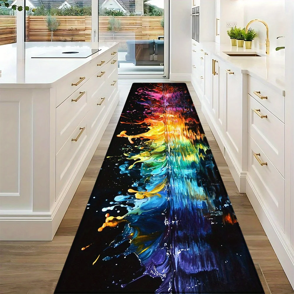 Abstract Rainbow Ink Splash Kitchen Runner Rug, Modern Colorful Oil Painting Non-Slip Absorbent Floor Mat for Entryway Bathroom
