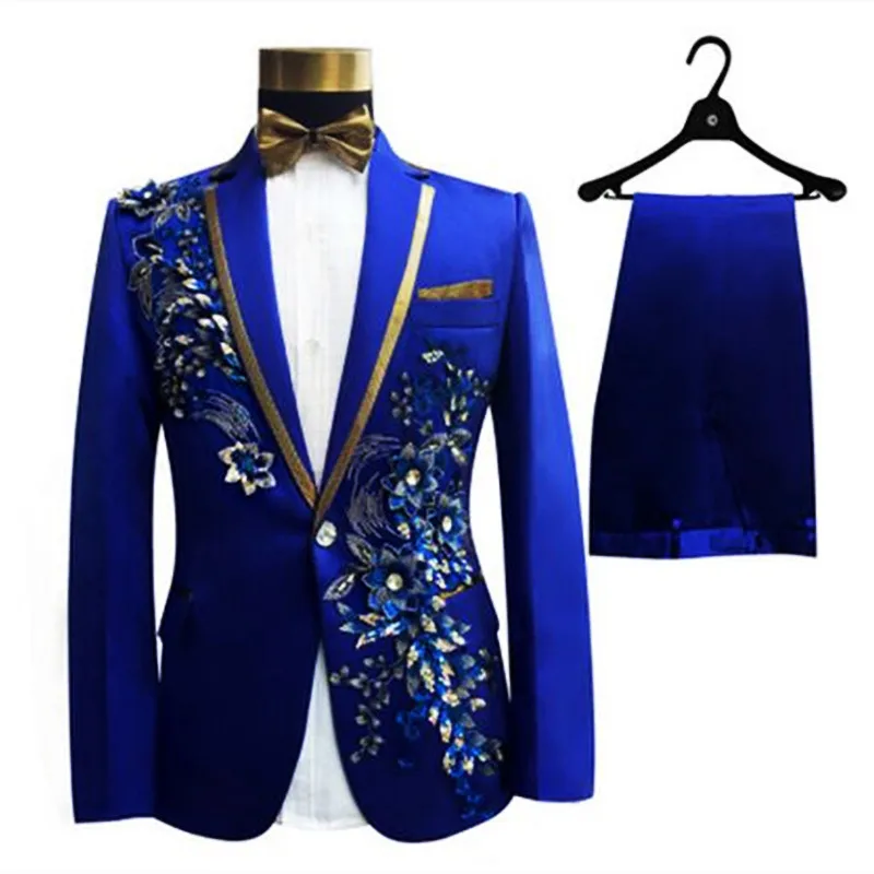 

Men's Applique Suit Evening Party Male Singer Host Formal Clothing Blue Flower Blazer Pants Bow Tie 3 Piece Set Wedding Suits