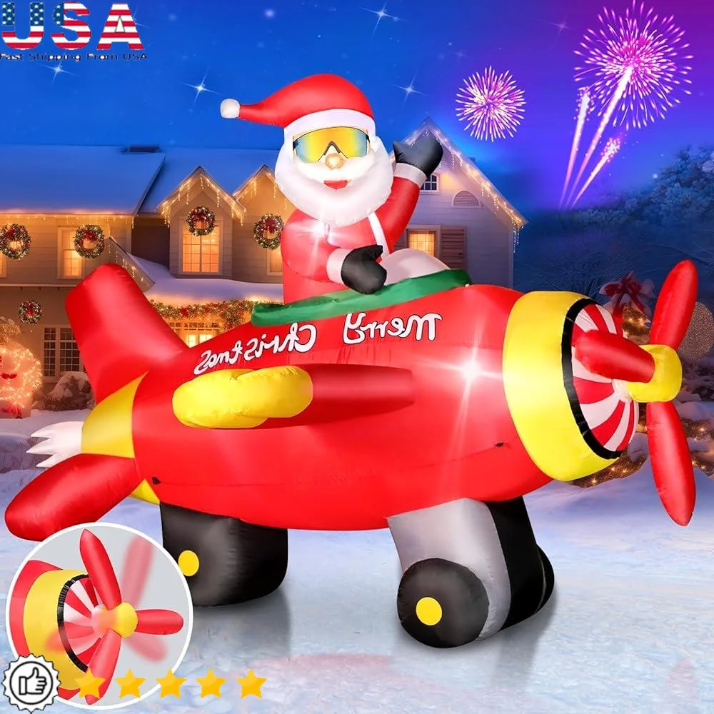 

Christmas Inflatable Santa Claus Airplane Decorations Giant Blow Up Santa on Helicopter LED Lights Outdoor Holiday Decor