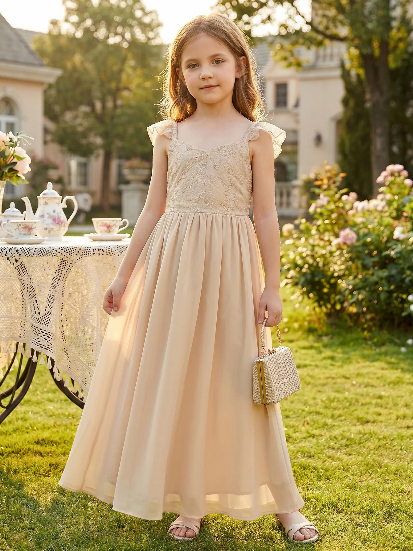 

HETISO Girls Chiffon Dress Elegant Kids Lace Summer Beach Dresses Elastic band Children Bridesmaid Wedding Ball Gown 4-12Y