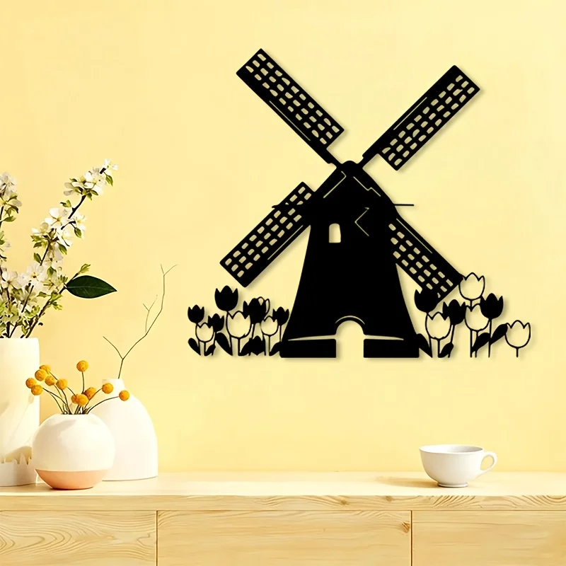 CIFBUY Wrought Iron Windmill Tulip Wall Art, Farmhouse Outdoor Garden Decor, Rustic Metal Windmill Flowers for Patio Yard, Count
