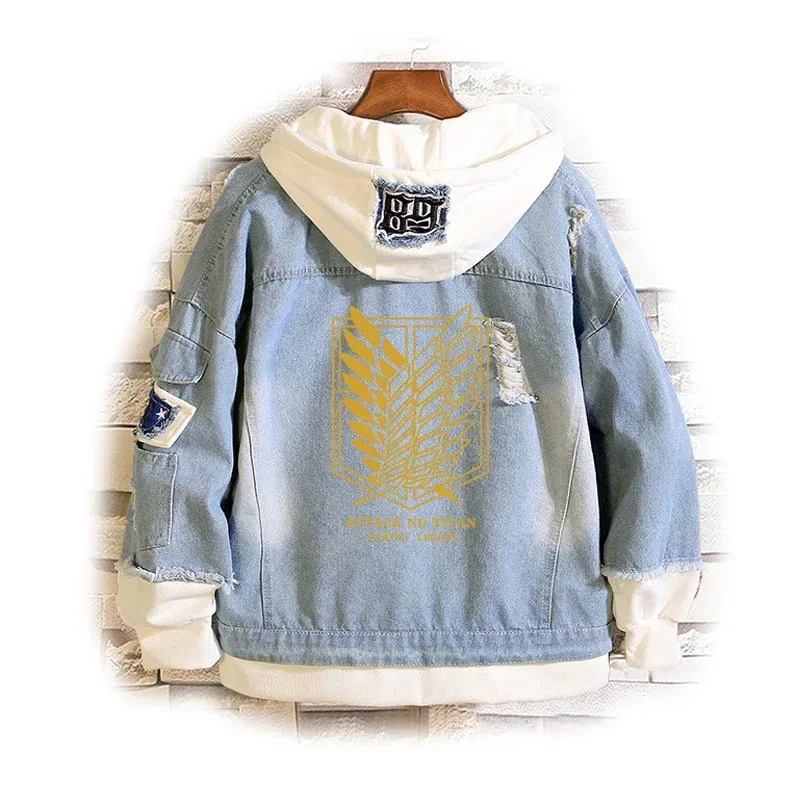 Attack on Titan Jeans Jacket Scout Regiment Cosplay Denim Jacket Autumn Eren Jager Hooded Sweatshirt Outwear Coat
