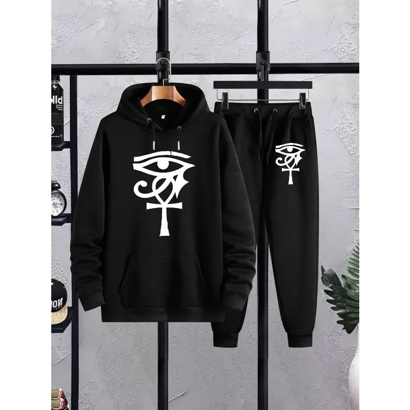 Męski zestaw: modna bluza z kapturem i spodnie z nadrukiem 3D, odpowiedni do noszenia na co dzień i do uprawiania sportu jesienią i zimą.