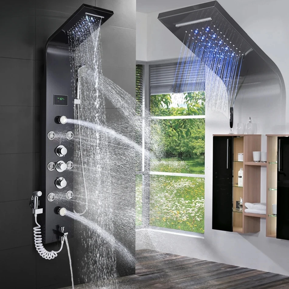 

Black/Brushed Bathroom Faucet Rainfall Shower Panel System Bathtub Mixer Tap Massage Spa Temperature Screen