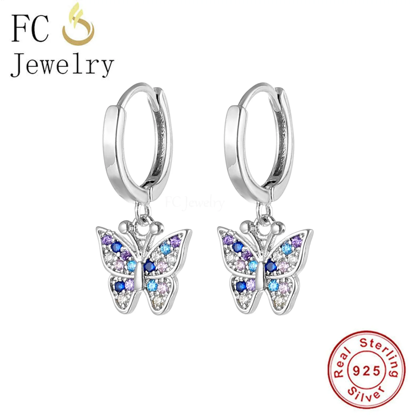 925 Sterling Silver Blue White Color Butterfly Lightweight Huggies Piercing Dangle Hoop Earrings Brinco Party Girl Pendientes