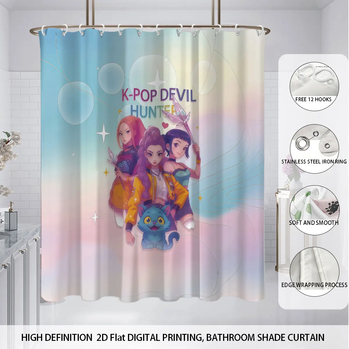 

4pcs K-Pop Demon Hunters Printed Bathroom Set 180x180 Waterproof Shower Curtain, Floor Mat, Toilet Mat, U-shaped Mat