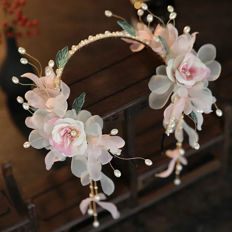 Cute Hanfu Fairy Headdress Pearl Flower Tassel Buyao Headband Bride Hairpin Hair Accessories Cosplay Princess Headwear Hair Hoop