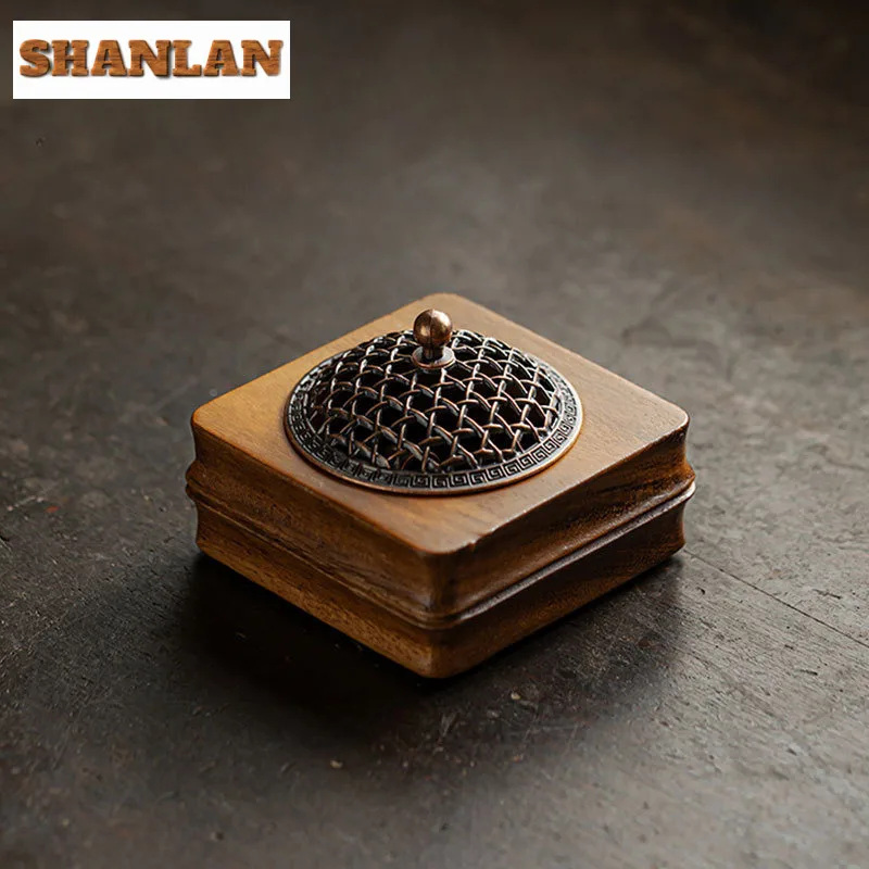 Handmade Walnut Wood Aromatherapy Stove Chinese Dragon And Phoenix Square Incense Holder Aesthetic Smell Distributor Teaware