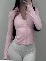 Cuteandpsycho Solid Chic Slim Women's Hooded Jackets Zip Up Casual Aesthetic Bodycon Outfits Fashion Korean 90s Y2K Cute Coats