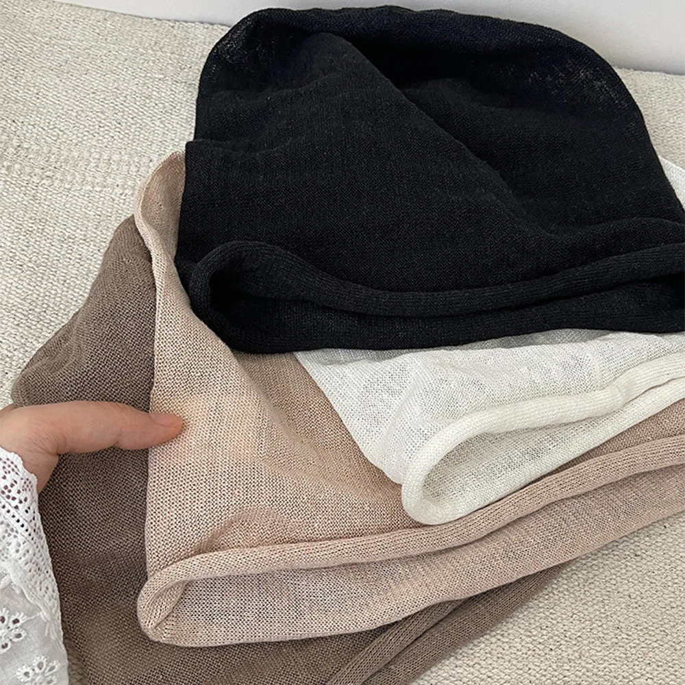 New Summer Linen Beanies Hat For Women Casual Slouchy Edge Curl Thin Breathable Big Head Solid Soft Skullies Bonnet Sun Cap Gift