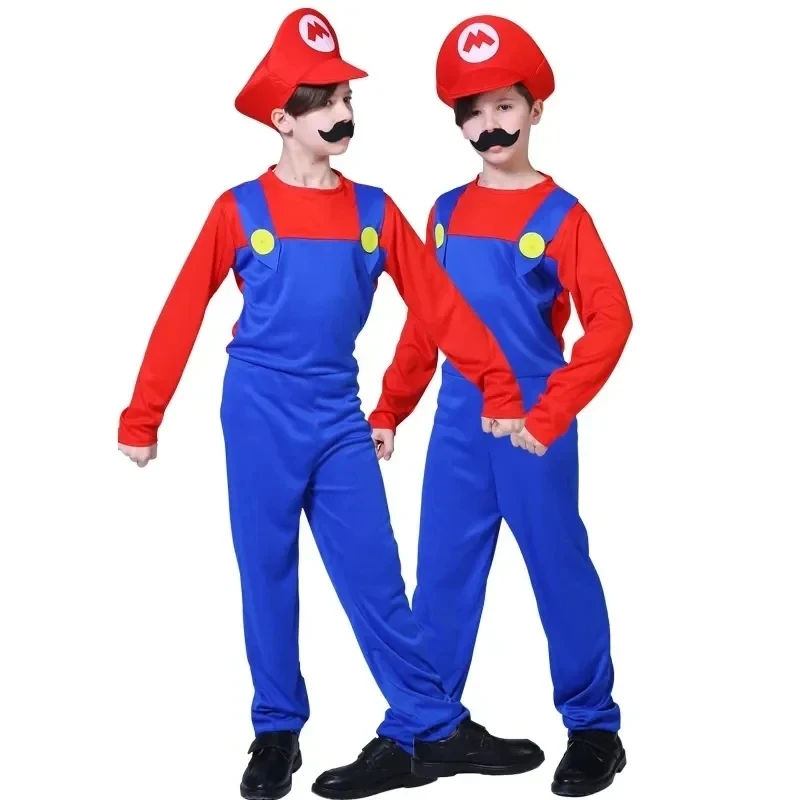 Kostium dla dzieci i dorosłych Super Mari Bros Cosplay dzieci Anime Romper chłopiec dziewczynka impreza z okazji Halloween długi rękaw kapelusz derby kostium