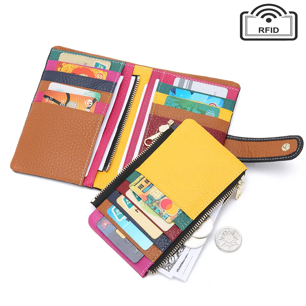 RFID Blocking Cowhide Leather Multi-cards Rainbow Short Women Wallet Large Capacity Coin Purse for Ladies