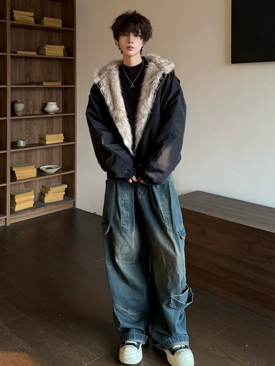 블라 퍼 칼라 남성용 코튼 재킷 후드 파카 따뜻한 가을 겨울 클린핏 아메리칸 레트로 슬림 핏 청년 패션