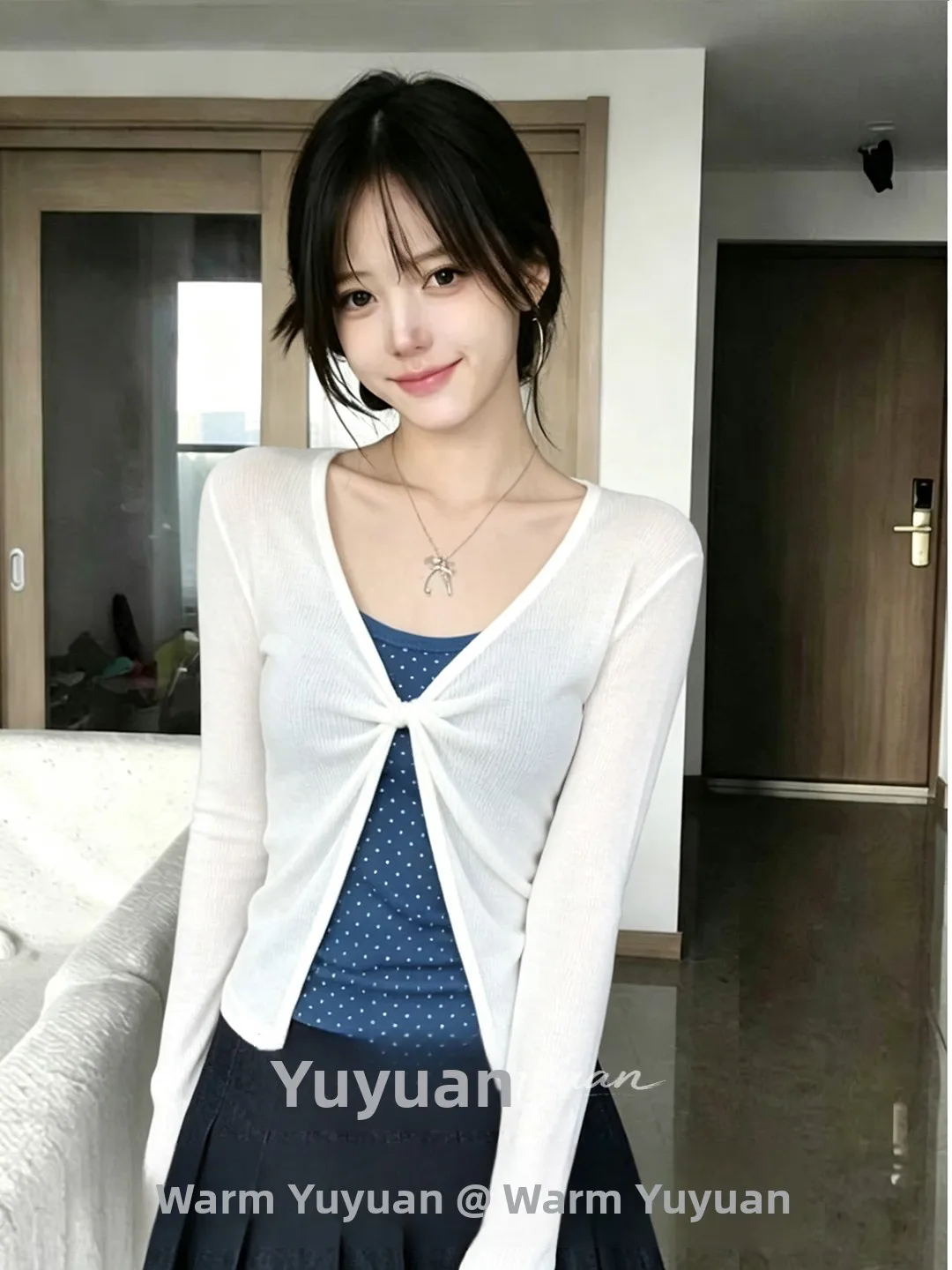 Korean Style V-Neck Knotted Long Sleeve Knitted Cardigan Women's Slim Fit Sun Protection Cover up Two-Piece Set Spring Autumn