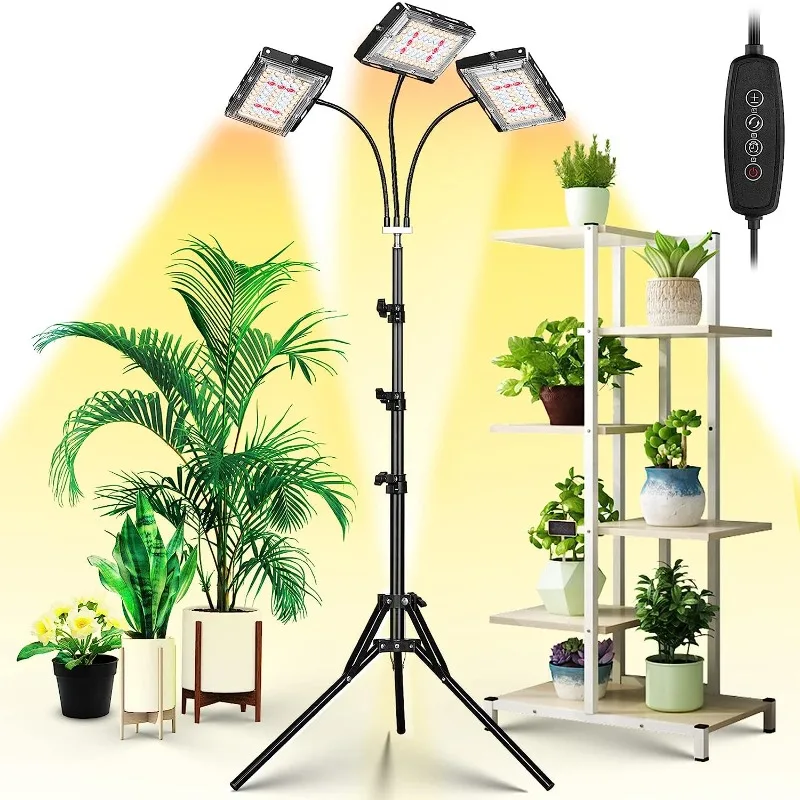 Grow Light with Stand, Tri-Head LED Plant Light for Indoor Plants, Full Spectrum 150 LEDs, 3/6/12H Timer, 6 Dimmable Levels,