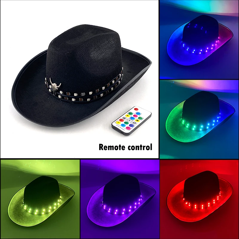 LED Western Cowboy Hat Concert NightClub Outing Travel Cow Head Decorate Beach Accessories Light Up Gentleman Cowboy Hat