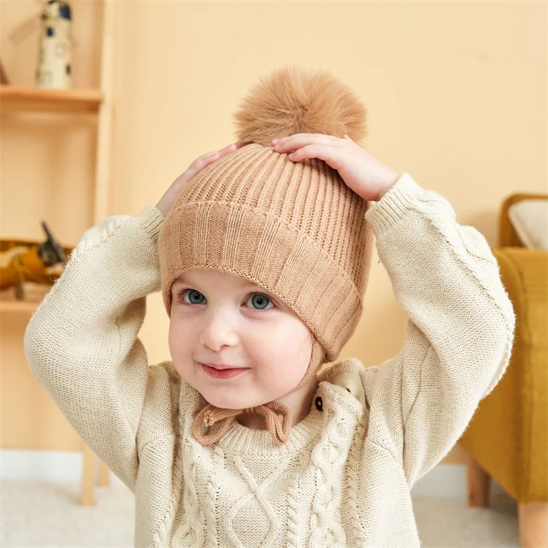 New Solid Color Knitted Children's Braid Ear Protection Plus Velvet Warm Baby Hat