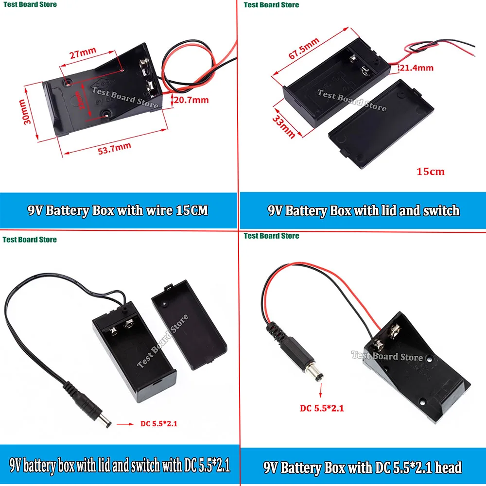 9V Battery Holder 9V Battery Box Clip Holder With Wire Lead ON/OFF Switch Cover Case With 5.5x2.1mm Plug