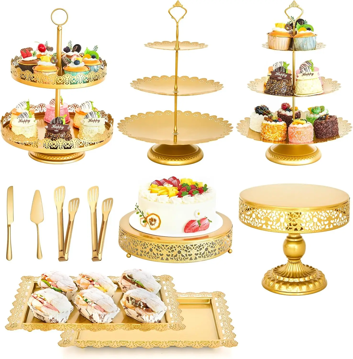 

11 Pc Gold Cake Stand Set for Wedding, Birthday, Party Display with Square Trays and Round Base