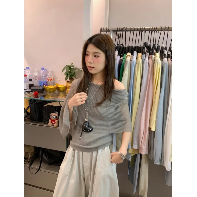 

Women's White Irregular Short-Sleeved Ice Silk Knitted Sweater Summer Loose Cape Draped Shawl Knitwear for Casual Fashion