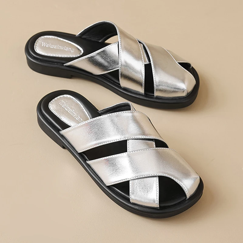 

Туфли женские с закрытым носком Мюли на плоской подошве Тапочки с перекрестной лентой Неглубокие сандалии без шнуровки Пляжные шлепанцы Большой размер Серебристый абрикос